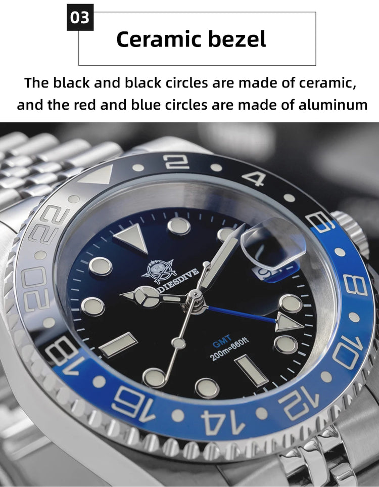 ADDIESDIVE 40mm GMT Watch Men Top Brand Quartz Wristwatch Luxury Ceramic Bezel 20Bar Diving Waterproof Luminous Watch AD2050