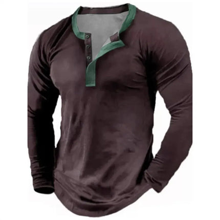 Spring Autumn Solid Color Henley Shirts 3D Printed Men's Fashion Vintage Button-Down Long Sleeve T Shirts Men's Tees Top Apparel