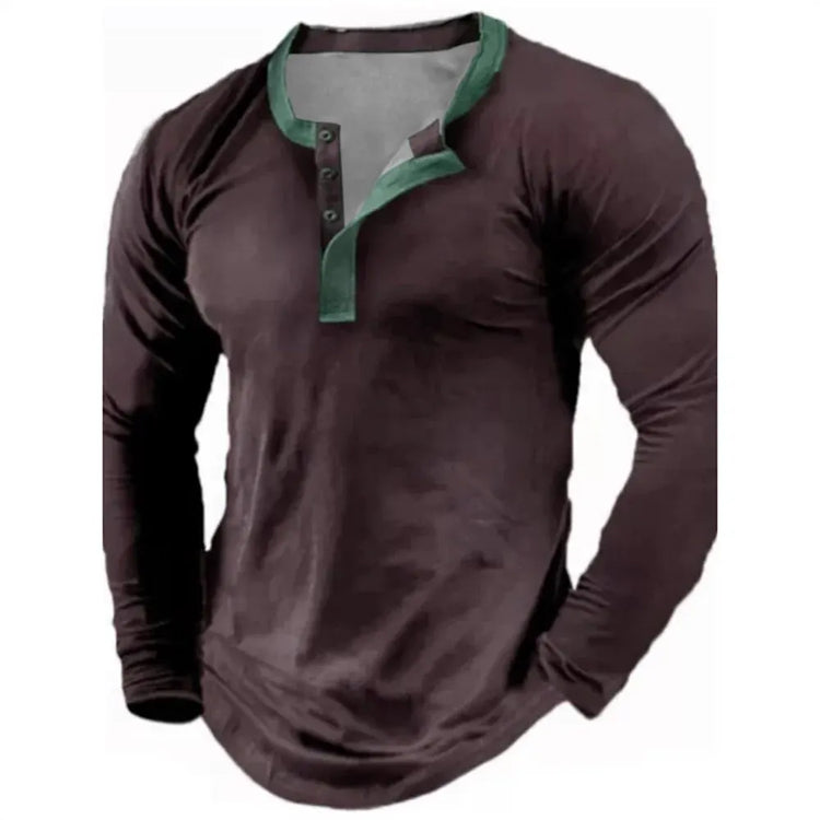 Primavera Autunno Tinta unita Henley Camicie 3D Stampato Moda uomo Vintage Button-Down Manica lunga T Shirt Uomo Tees Top Abbigliamento