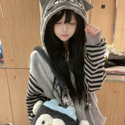 Cat Ear Hooded Sweatshirts Jackets Women Clothing Y2k Tops Patchwork Striped Anime Hoodie Ropa Mujer Casual Fashion Hoodies Coat