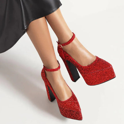Ochanmeb Bling Bling Silver Gold Glitter Shoes Woman Ultra High Heels Platform Buckle Sequin Red Pumps Ladies Party Prom Wedding PlatiNum