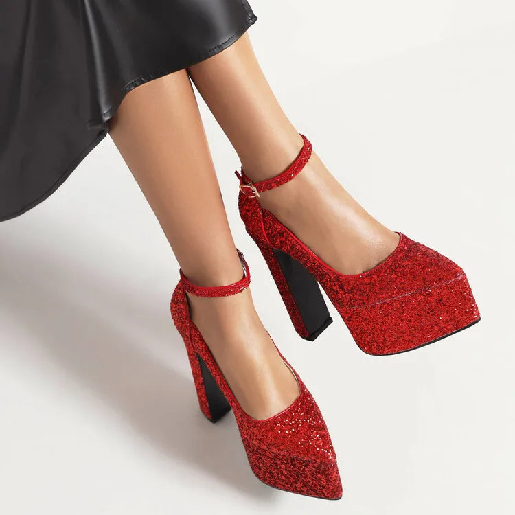 Ochanmeb Bling Bling Silver Gold Glitter Shoes Woman Ultra High Heels Platform Buckle Sequin Red Pumps Ladies Party Prom Wedding PlatiNum