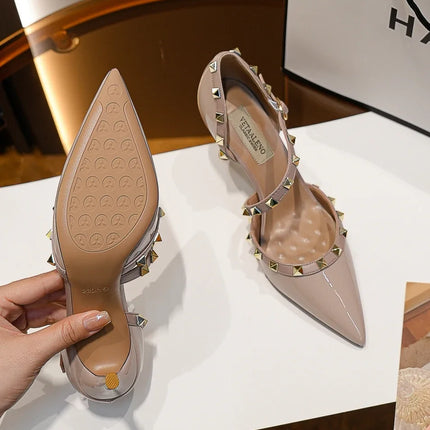 【Misurati la lunghezza dei piedi prima di ordinare】Sandalo da donna con tacco alto e sottile, con rivetti e punta a punta, scarpa elegante da festa 118-CHC-33