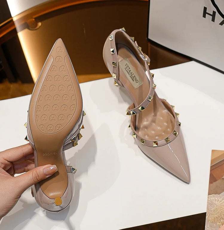 【Misurati la lunghezza dei piedi prima di ordinare】Sandalo da donna con tacco alto e sottile, con rivetti e punta a punta, scarpa elegante da festa 118-CHC-33