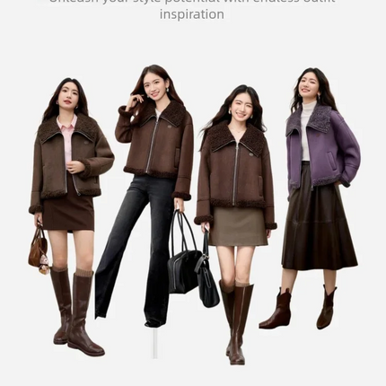 SENTUBILA Women's Faux Suede Coat Plush Lapel Zipper Faux Leather Cropped Jacket 2026 Winter Retro Ladies Outerwear W54PD5913