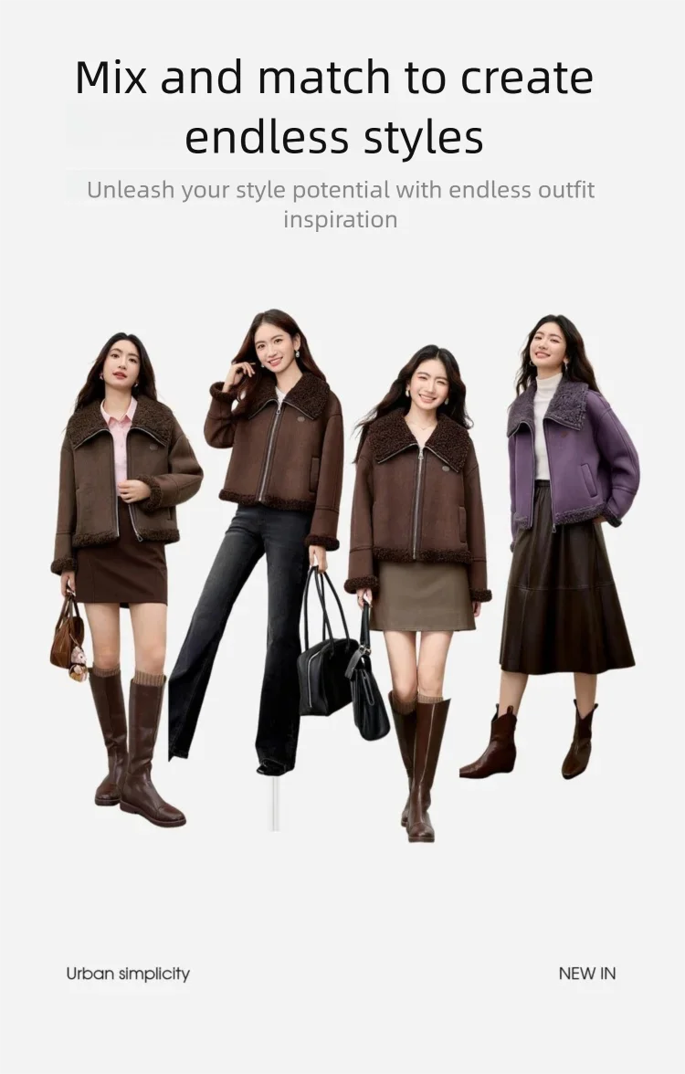 SENTUBILA Women's Faux Suede Coat Plush Lapel Zipper Faux Leather Cropped Jacket 2026 Winter Retro Ladies Outerwear W54PD5913