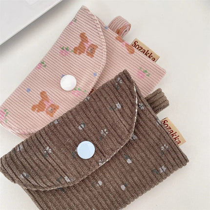 Cute Floral Coin Purse Mini Wallet Card Organizer Small Square Corduroy Bag for Student Bus Bank ID Credit Cards PlatiNum