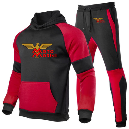 2024 Spring Autumn Men's Moto Morini Logo Print Sports Splicing Cotton Hooded Tracksuit+Jogging Sweatpants Trend Comfortable Set PlatiNum