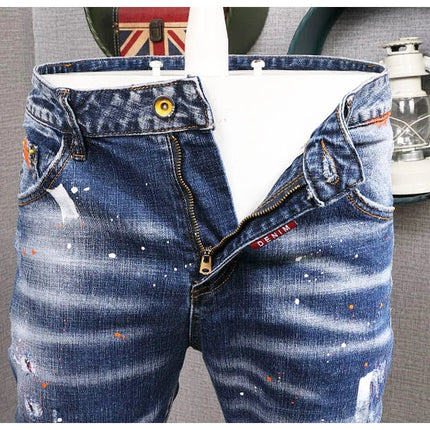Fashion Streetwear Men Jeans Retro Black Blue Elastic Slim Fit Ripped Jeans Men Spliced Designer Embroidery Hip Hop Denim Pants PlatiNum