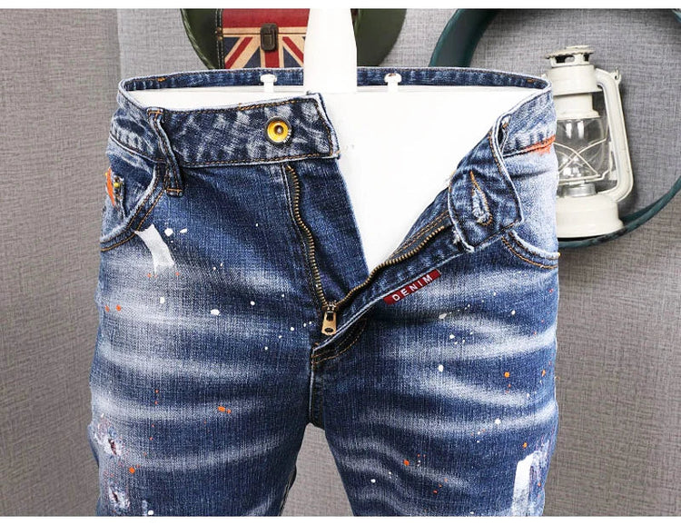 Fashion Streetwear Men Jeans Retro Black Blue Elastic Slim Fit Ripped Jeans Men Spliced Designer Embroidery Hip Hop Denim Pants PlatiNum