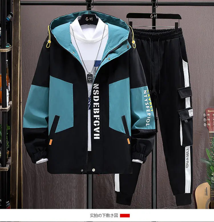 Autumn Casual Men Sets Two Pieces Fashion Korean Trend Hooded Jacket + Pants Spring Baseball Uniform Suit Man Outfit