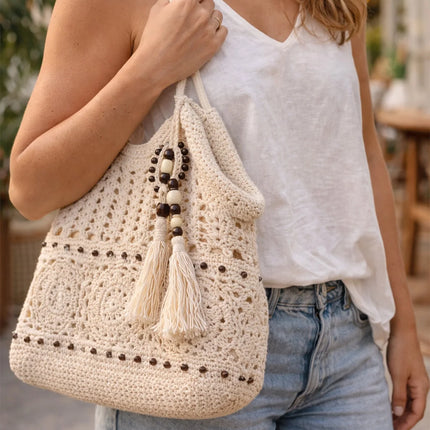 Women Crochet Tote Bag White Openwork Knit Handbag with Beaded Fringe Charm Long Adjustable Straps Boho Beach Bag