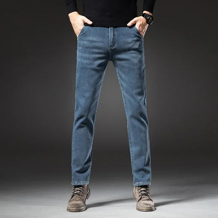 2025 Winter New Men's Fleece Thickened Jeans Retro Blue Hot Straight Casual Pants Stretch Premium Velvet Warm Denim Pants