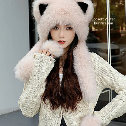 Women's Winter Hats Fox Fur Flight Hats Ushanka Hats For Women Winter Outdoor Windproof And Warm Plush Outdoor Hats For Skiing