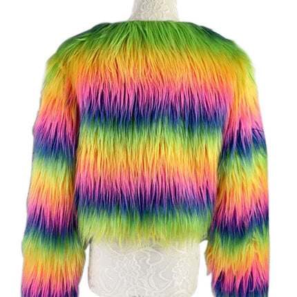 ZADORIN Fashion Colorful Rainbow Hairy Faux Fur Coat Women Crop Top Autumn Winter Fluffy Cropped Fur Jacket Festival Clothing