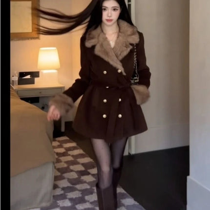 Winter Korean Fashion Wool Coat for Women Slim Fit Double Breasted Belted Fur Collar Jacket Elegant Chic Warm Long Outerwear