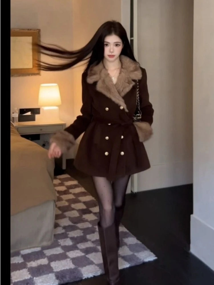 Winter Korean Fashion Wool Coat for Women Slim Fit Double Breasted Belted Fur Collar Jacket Elegant Chic Warm Long Outerwear