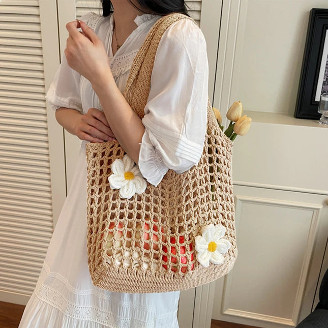 Women's Large Capacity Knitted Tote Bag Fashionable Summer Beach Bag Lightweight Casual Chic Hobo Top Handle Shoulder Bag