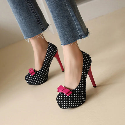 Sexy Super High Heels Women Platform Pumps Polka dot Bow Party Dress Shoes Woman Elegant Wedding Shoes Female 12cm Stilettos PlatiNum