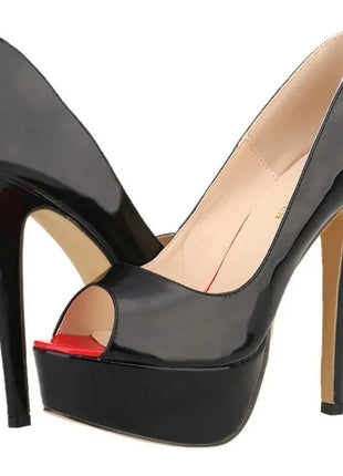 LOSLANDIFEN Women Pumps Sexy Peep Toe Platform 14cm Super High Heels Patent Leather Shoes Red Wedding Stilettos Large Size 44 PlatiNum