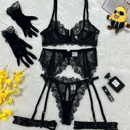 Red Lace Embroidery Bra Set 5-Piece Lingerie Comfortable Push Up Underwear
