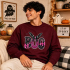 Boo Pink Leopard Print Bow Bat Wings Glitter Graphic Print Pullover Long Sleeve Casual Loose Streetwear Fashion Sweatshirts Tops