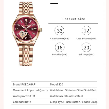 POEDAGAR Orologi di lusso da donna Orologio da donna impermeabile con data luminosa in acciaio inossidabile Orologio da polso da donna al quarzo alla moda elegante platinumshop