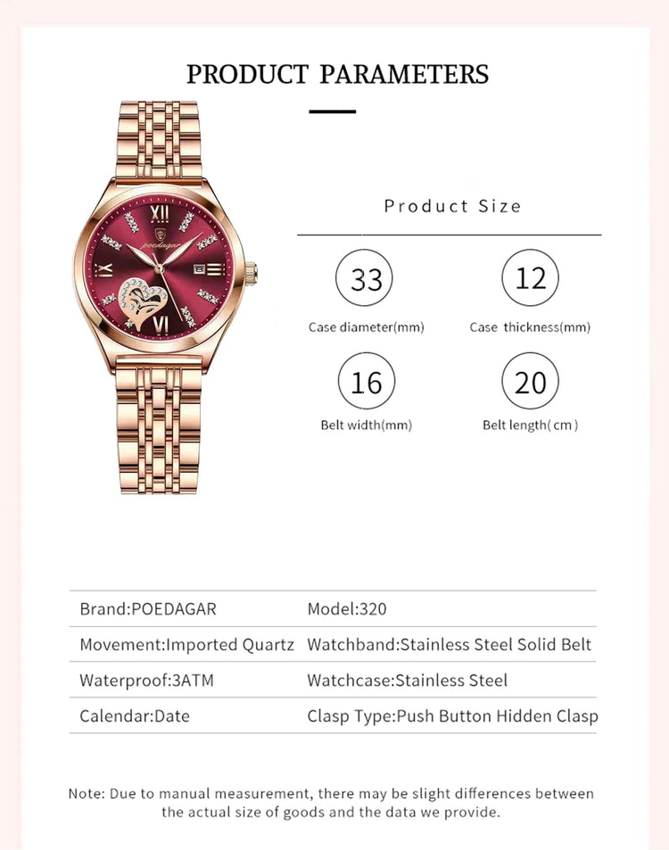 POEDAGAR Orologi di lusso da donna Orologio da donna impermeabile con data luminosa in acciaio inossidabile Orologio da polso da donna al quarzo alla moda elegante platinumshop