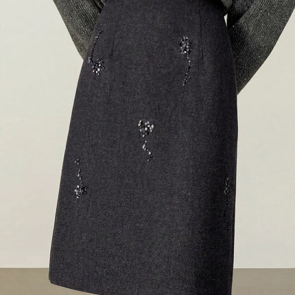 SENTUBILA Women's Straight Skirt 2025 Office Lady Wool Blend Sequin Beading Mid Length Skirt Winter Clothing for Women 154QF6318 PlatiNum