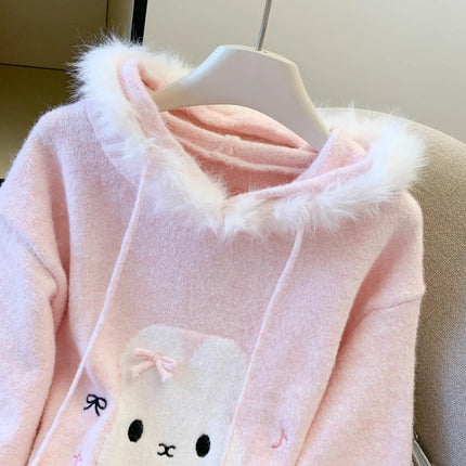Women's Pink Hooded Long Sleeve Cute Overhead Sweater Y2K Japanese Style 2000S College Retro Autumn Winter Warm Sweater Clothes