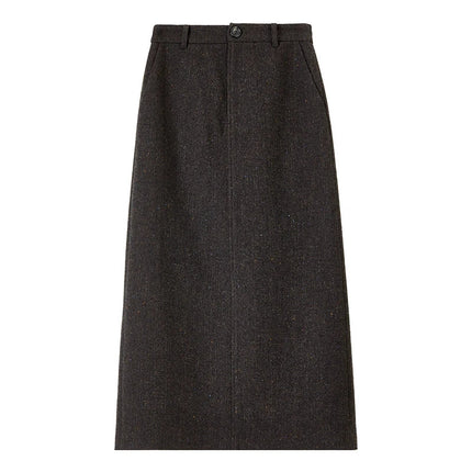 SENTUBILA Straight Wool Skirt Women 2025 Winter Vintage Elegant Tweed High-waist Slit-hem Temperament Long Skirts 144Q56942 PlatiNum