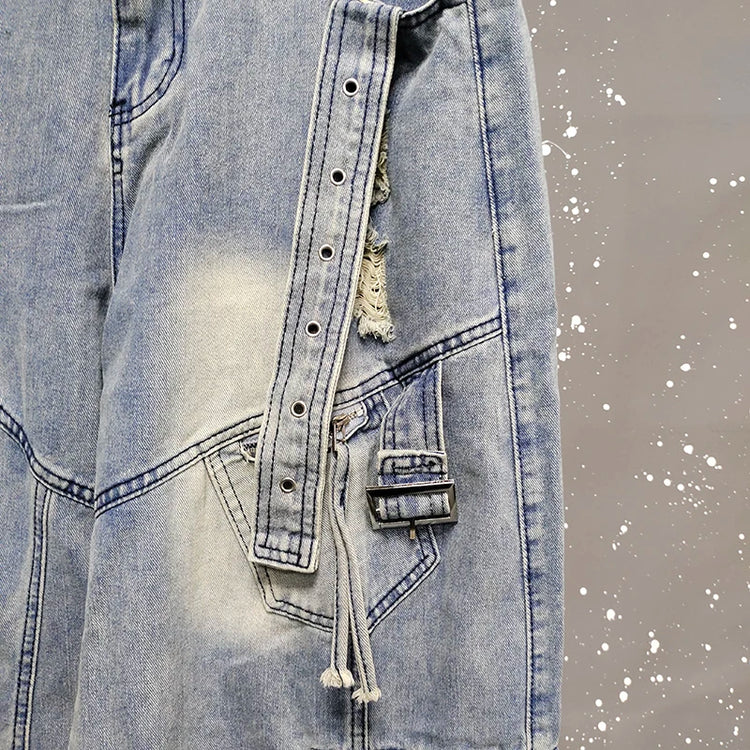 IEFB Jeans da uomo stile americano tinta unita multi tasche pantaloni casual usurati decostruzione pantaloni in denim a gamba larga 9W4066