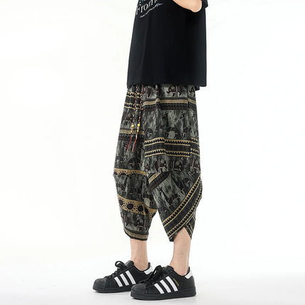 Pantaloncini estivi con stampa da spiaggia, pantaloni casual leggeri e traspiranti, pantaloni larghi alla moda da uomo, pantaloni comodi a lunghezza polpaccio per uomo