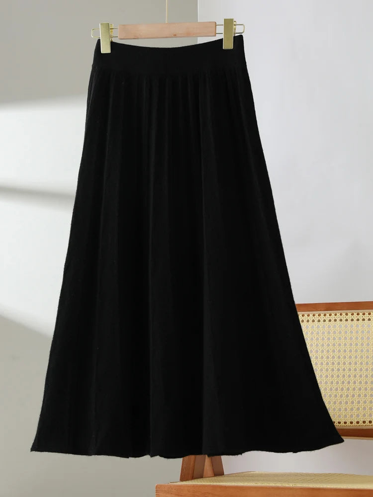 TLOML New Women's 100% Merino Wool Knitwear Wool Skirt Autumn Winter Long Pleated Skirt Grace Soft Warm Comfy Chic Dress Skirt PlatiNum