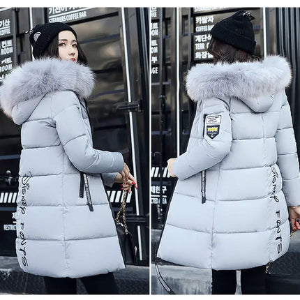 Women Winter Fur Collar Hooded Parka Coats Fashion Letter Patch Zipper Long Jacket Elegant Slim Warm Thick Female Snow Outerwear