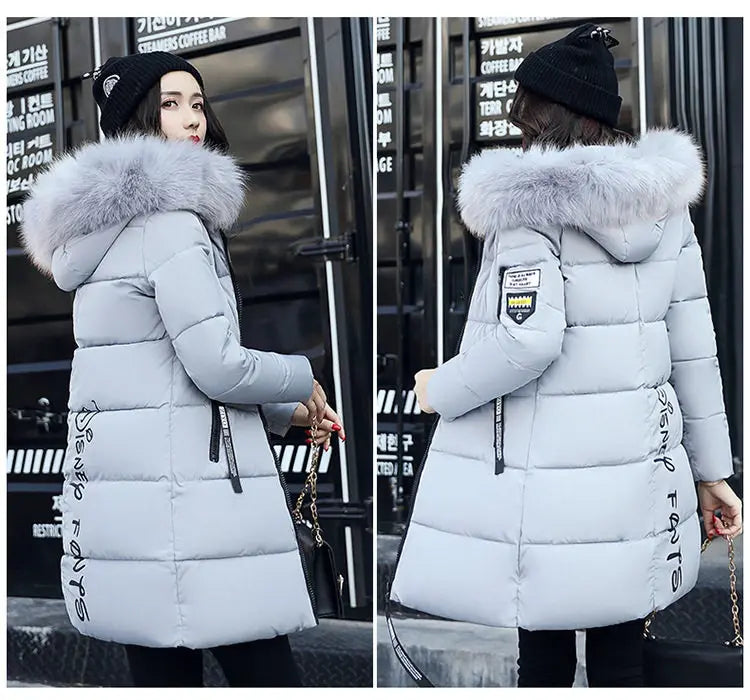 Women Winter Fur Collar Hooded Parka Coats Fashion Letter Patch Zipper Long Jacket Elegant Slim Warm Thick Female Snow Outerwear