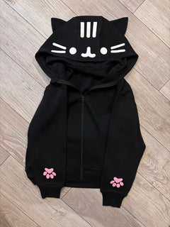 Cute 3D Cat Ear Zip Hoodie Kawaii Cartoon Pink Paw Cat Face Women Hoodies Y2K New Fashion Sweet Streetwear Unisex Loose Clothing