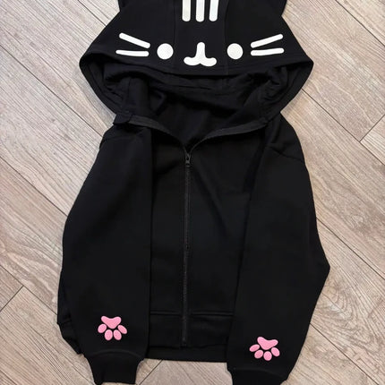 Cute 3D Cat Ear Zip Hoodie Kawaii Cartoon Pink Paw Cat Face Women Hoodies Y2K New Fashion Sweet Streetwear Unisex Loose Clothing