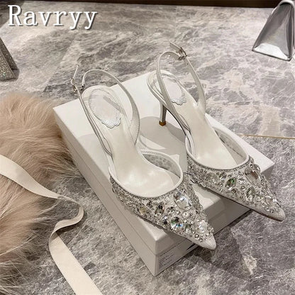 Pointed Toe Lace Crystal Women Pumps New Wedding High Heel Shoes Luxury Design Sexy Bride Party Stiletto Sandals