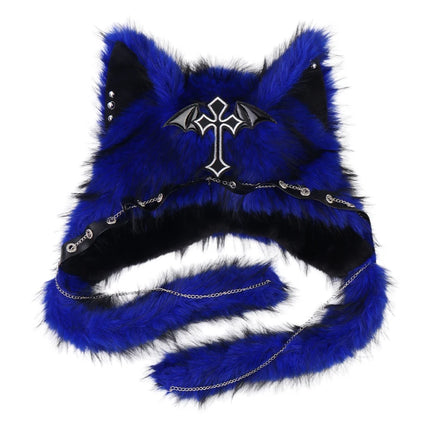 Fuzzy Faux Fur Cat Ear Ear Flap Hat, Gothic Edgy Design Plush Headwear, Fashion Warm Hat for Teens Cosplay & Daily Matching