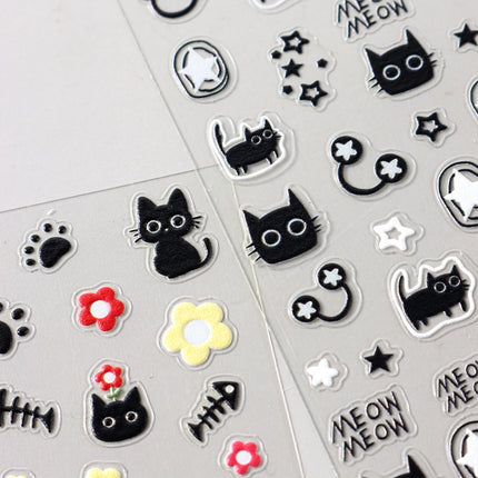 Cute Black Cat Nail Stickers Decals 5D Embossed Kawaii Cat Flowers Star Nail Art Decoration Cute Cartoon Sliders Summer Manicure