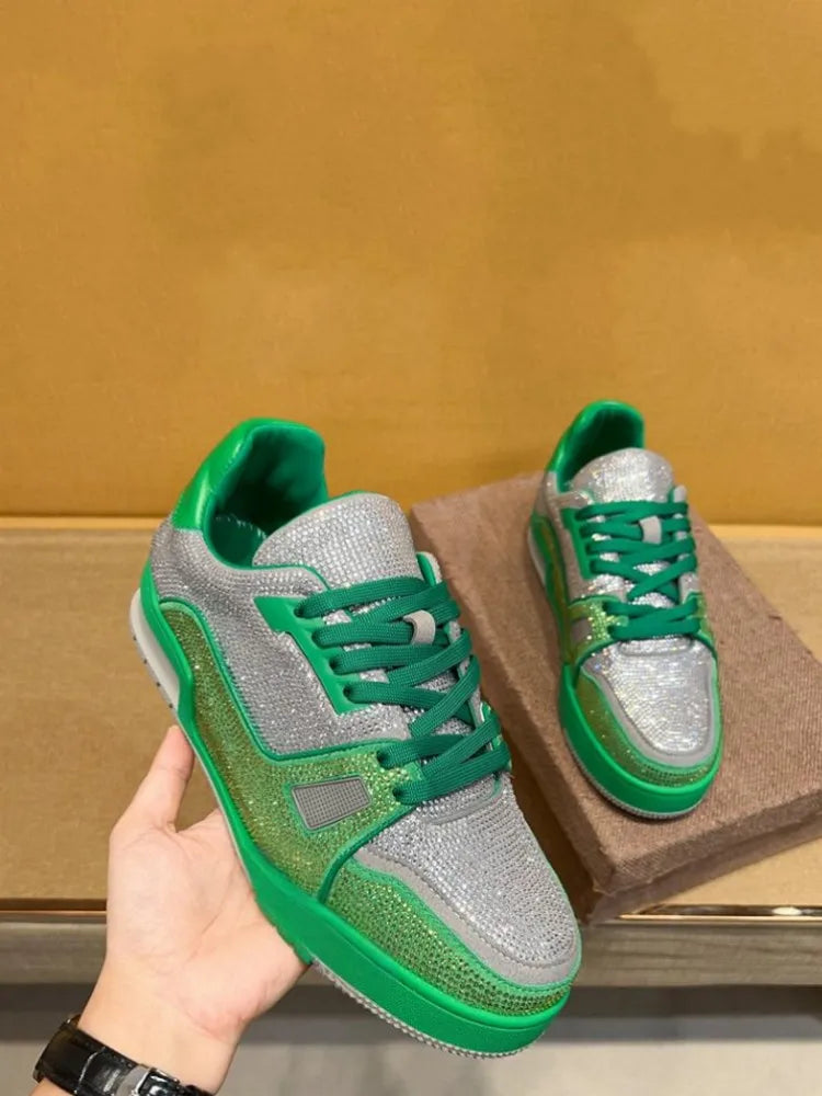 Men Diamonds Crystal Patchwork Suede Genuine Leather Shoes Lace Up Round Toe Thick Bottom Casual Shoes Height Increase Platform