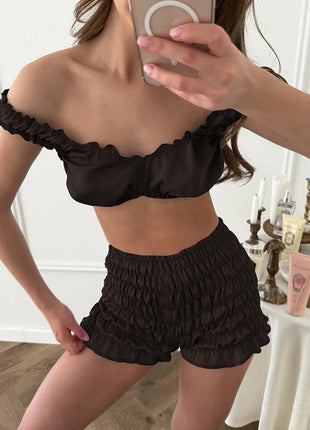 Pigiama da donna HiLoc in raso sexy, completo due pezzi con top corto e pantaloncini a vita elasticizzata con arricciatura, tinta unita, per casa.