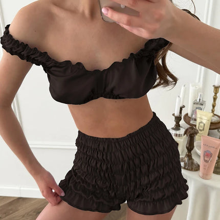 Pigiama da donna HiLoc in raso sexy, completo due pezzi con top corto e pantaloncini a vita elasticizzata con arricciatura, tinta unita, per casa.