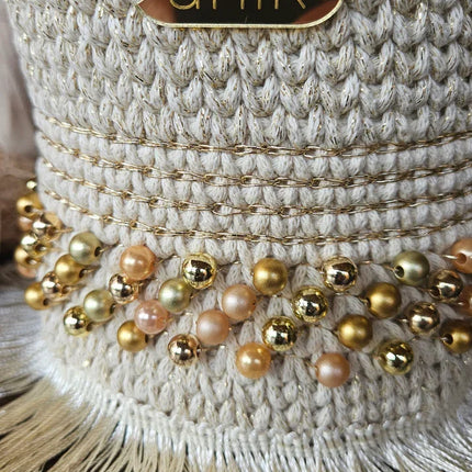 Borsa a Secchiello di Lusso in Crochet, Design Esclusivo con Strass e Frange, Manico Rigido e Chiusura Arricciata, Finiture Brillanti ed Eleganti, Ideale per Eventi e Look di Alta Classe