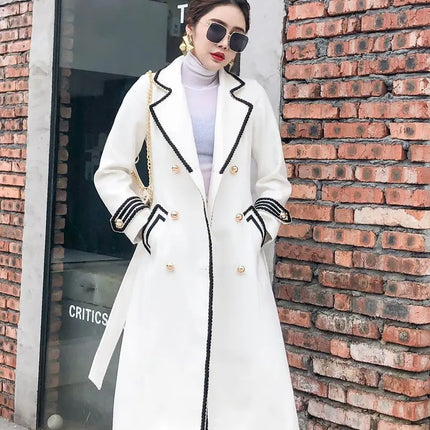 Women White Long Woolen Coat Autumn Winter British Hepburn Style Thicken Slim Double-Breasted Woolen Coat New Women Outwear