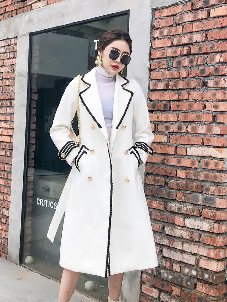 Women White Long Woolen Coat Autumn Winter British Hepburn Style Thicken Slim Double-Breasted Woolen Coat New Women Outwear