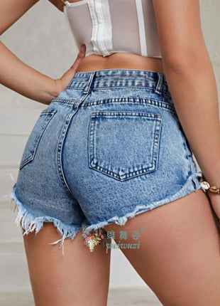 Women's High Rise Light Wash Destroyed Denim Shorts Casual Jeans Summer Fashion Must-Havefor Teen Girls Ripped Hem Jean Hotpants PlatiNum