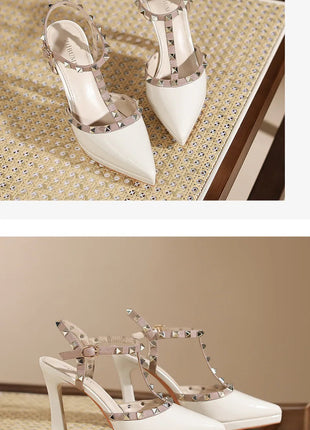Scarpe con tacco sexy con rivetti Sandali con tacco alto da 10 cm Sandali con tacco alto da sera Sandali con tacco a spillo color nudo semplici con punta a punta platinumshop