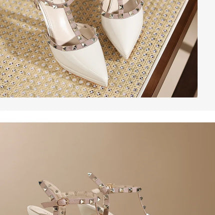 Scarpe con tacco sexy con rivetti Sandali con tacco alto da 10 cm Sandali con tacco alto da sera Sandali con tacco a spillo color nudo semplici con punta a punta platinumshop